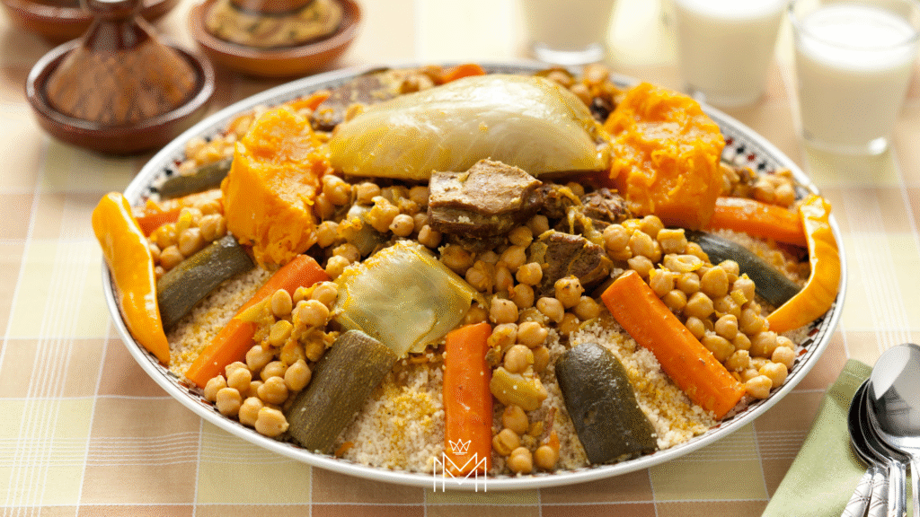 Traditional Moroccan couscous with seven vegetables and lamb, served communally